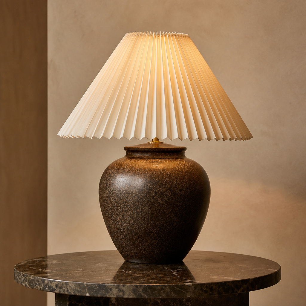 Ceramic table lamp with pleated shade