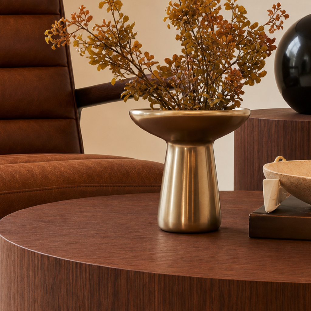 Walnut forms — dark walnut tables and cognac leather