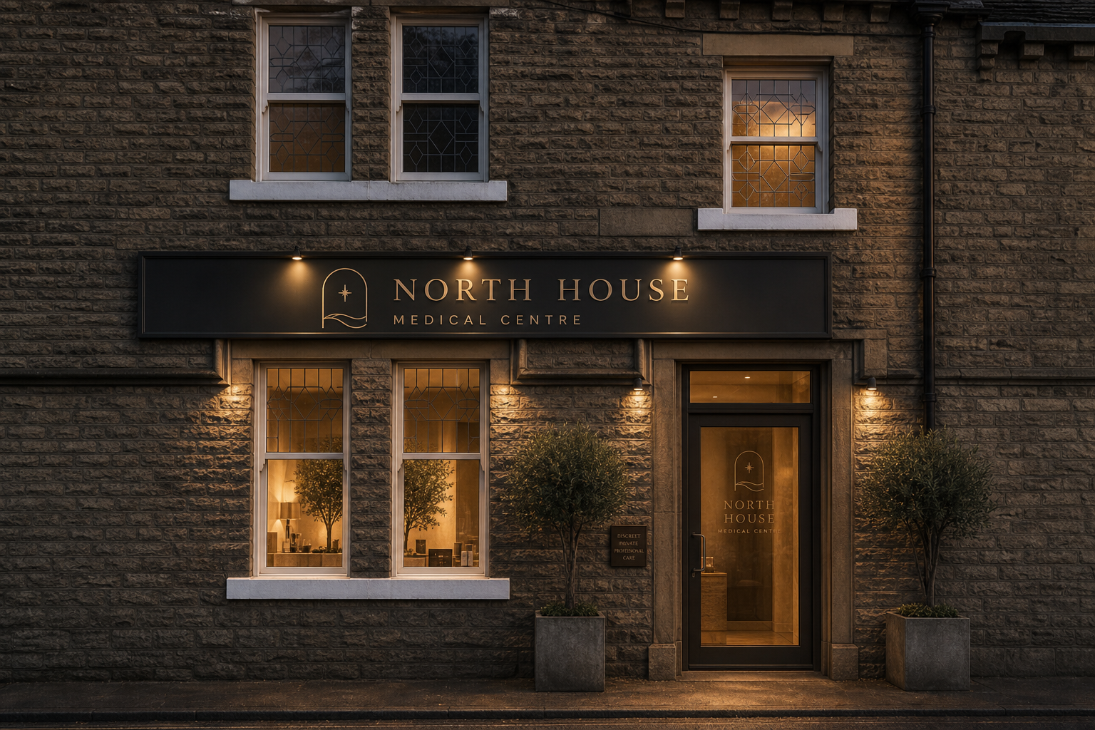 North House exterior — evening concept